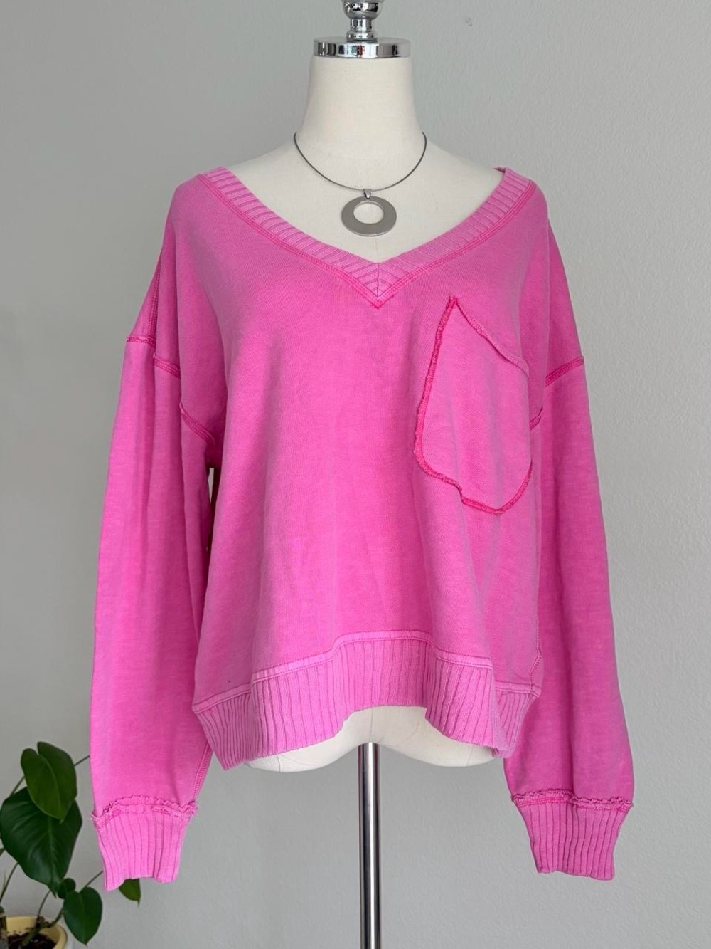 Pilcro Hot Pink V-Neck Pocket Sweater
